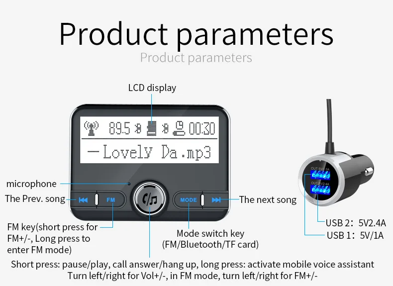 Jilang Bluetooth fm-передатчик беспроводной автомобильный fm-модулятор Автомобильный MP3-плеер автомобильный комплект громкой связи Bluetooth автомобильное зарядное устройство с ЖК-дисплеем