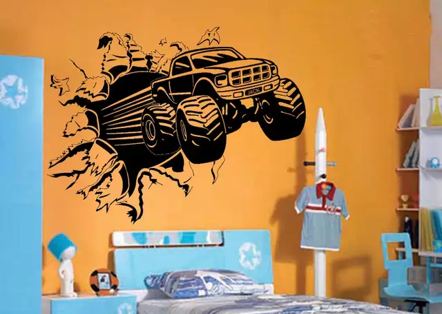 Us 12 74 25 Off Blasting Monster Truck Bedroom Creative Wall Mural Art Sticker Transfer Vinyl Cut Decal Stencil Home Decor In Wall Stickers From