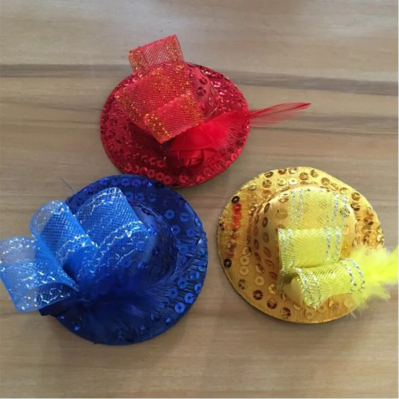 Sequins Mini Top Hat Feather Hair Clip Kids Girls Princess Hairpins Hair Birthday Party Favor Costume Christmas Halloween