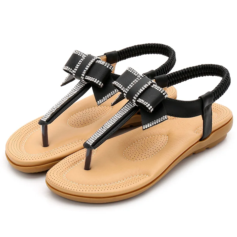 

2019 Summer Korean bowknot sandals water drill ethnic wind elastic belt women's shoes Bohemian flat sandals