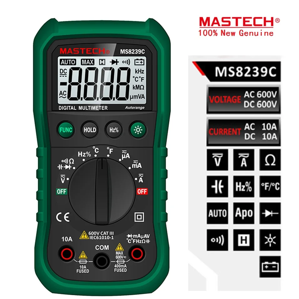 

Mastech MS8239C Handheld Auto Range Digital Multimeter AC DC Voltage Current Capacitance Resistance Frequency Temperature Tester