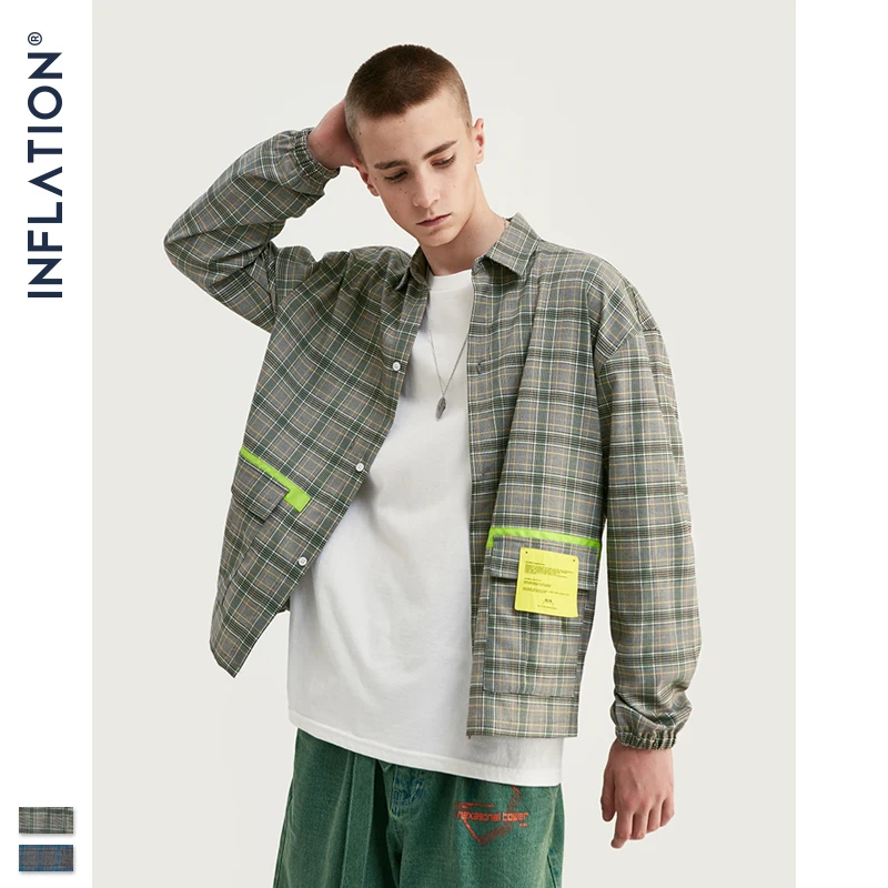 

INFLATION 2019 Autumn Men Shirt Plaid Shirts Long Sleeve Streetwear Mens Fashion Shirt Loose Fit Mens Hawaiian Shirt 92119W