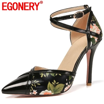 

EGONERY women new style high heels shoes 2019 spring summer pointed toe mixed flower color super fashion high heels party pumps