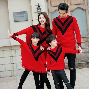 

Family Matching Suits Colorful Patchwork Knitted Pullover Sweaters Sets Long Sleeve Tassels Sweaters