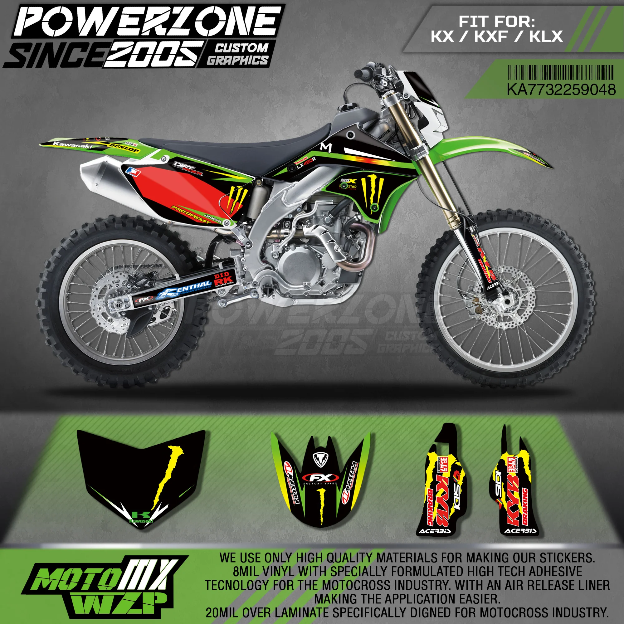 

PowerZone Custom Team Graphics Backgrounds Decals 3M Stickers Kit For Kawasaki KX250F 06-08 09-12 KX450F 06-08 09-11 KLX450R 048