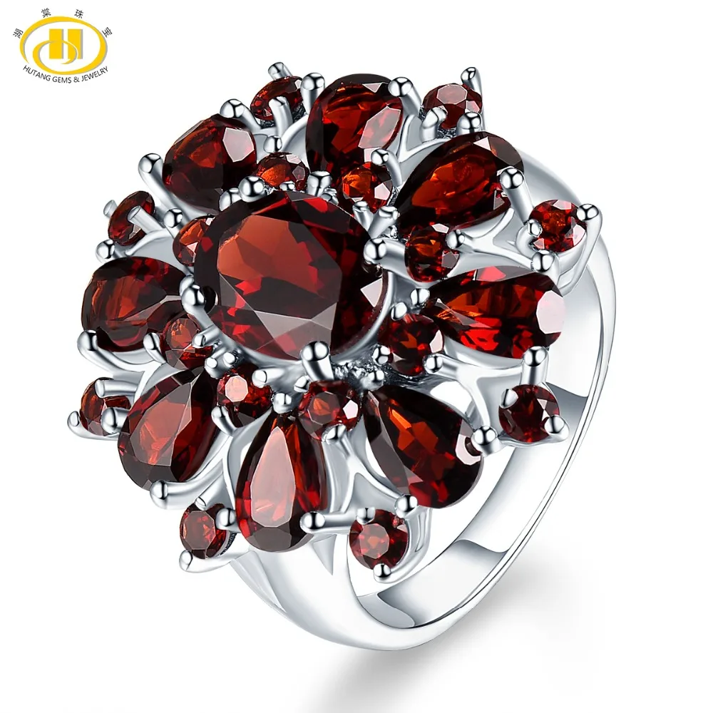 Hutang 7.54 ct Natural Gemstone Black Garnet Solid 925 Sterling Silver Flower Shape Wedding Ring Fine Jewelry For Women's Gift Fine Jewelry