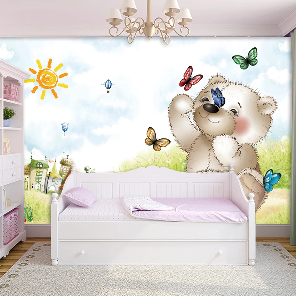 Kustom Mural Wallpaper Papel De Parede 3D Kartun Beruang Nakal Anak
