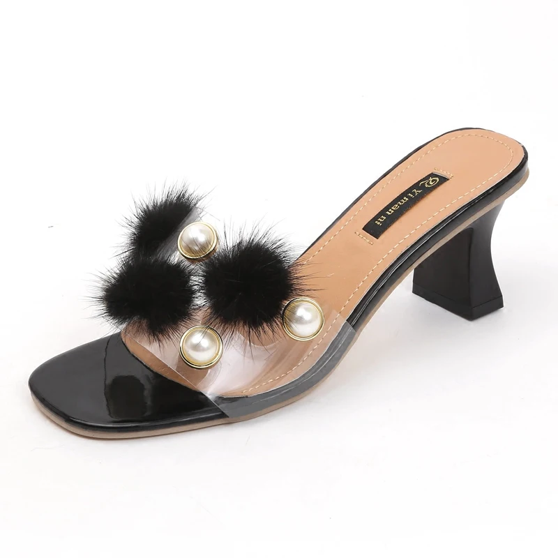 

Pearl Hair Ball One Word Drag Women Fashion Slippers 2018 Summer New High-heeled Sandals And Slippers