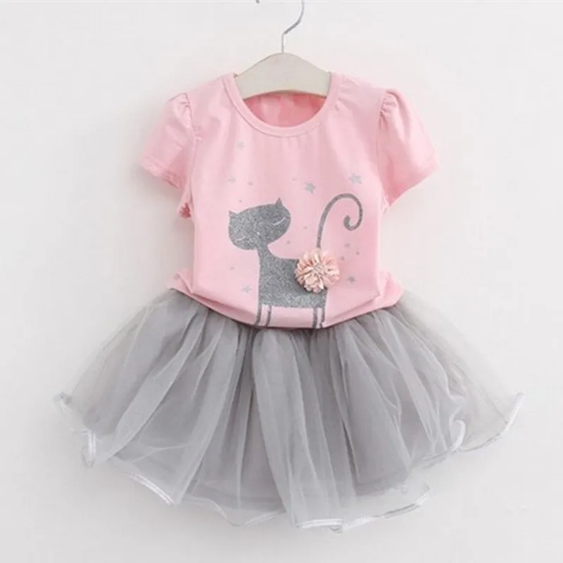 

Girls Clothes Sets Summer Cartoon Kitten Printed Short Sleeve Cotton T-Shirt + Dress 2pcs Children Clothing Kids Clothes Suit