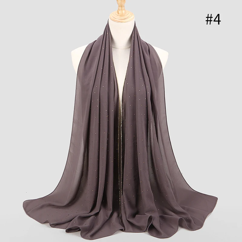 US $43.20 10pcLotwoman Latest Fashion Bubble Chiffon Scarf With Chainplain Rhinestone Muslim Hijabhead Scarf Wrap Bandanafoulard Femme