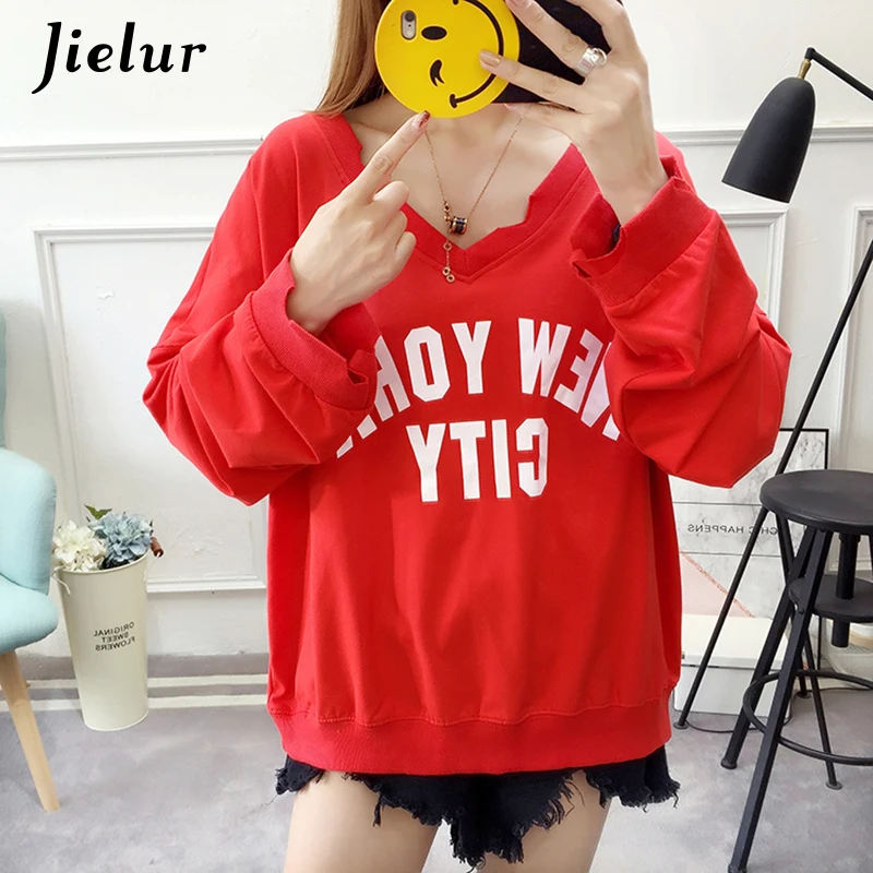 Jielur 2018 Autumn V-neck Women Hoodies Korean Print Girls Sweatshirt Thin Harajuku Long Sleeve Hoody Female Top M-XXL Dropship Hoodies