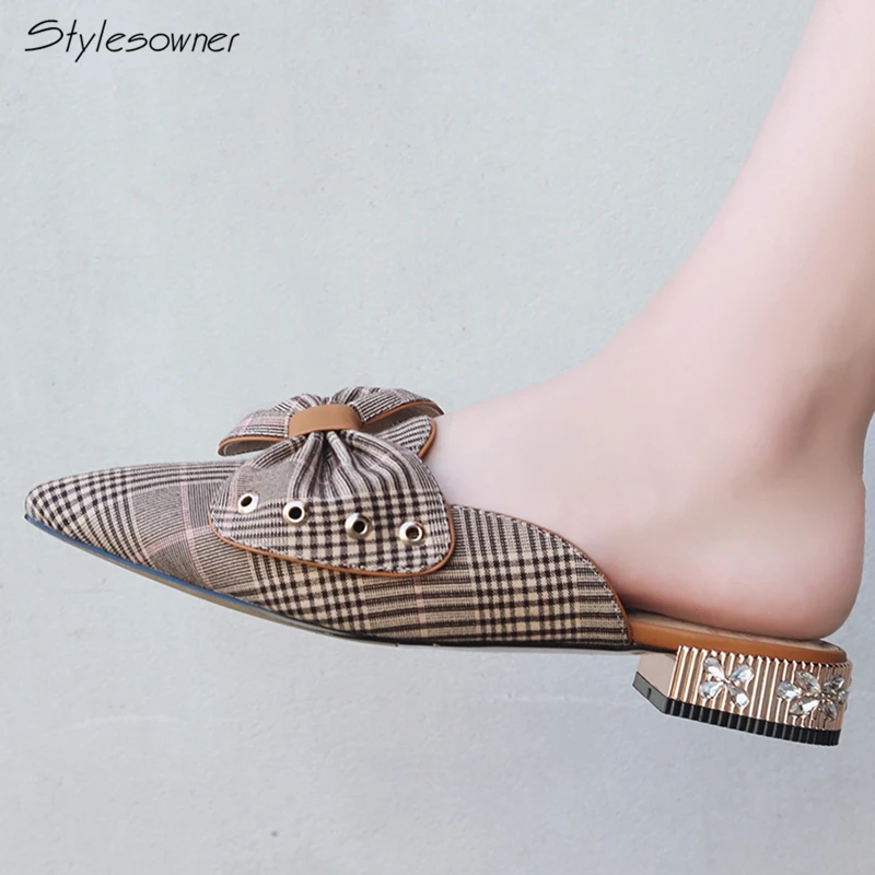 

Stylesowner Elegant Checkered Color Butterfly-Knot Flat Slides Women Sexy Mules Slippers Big Size43 Ladies Slides Crystal Slides