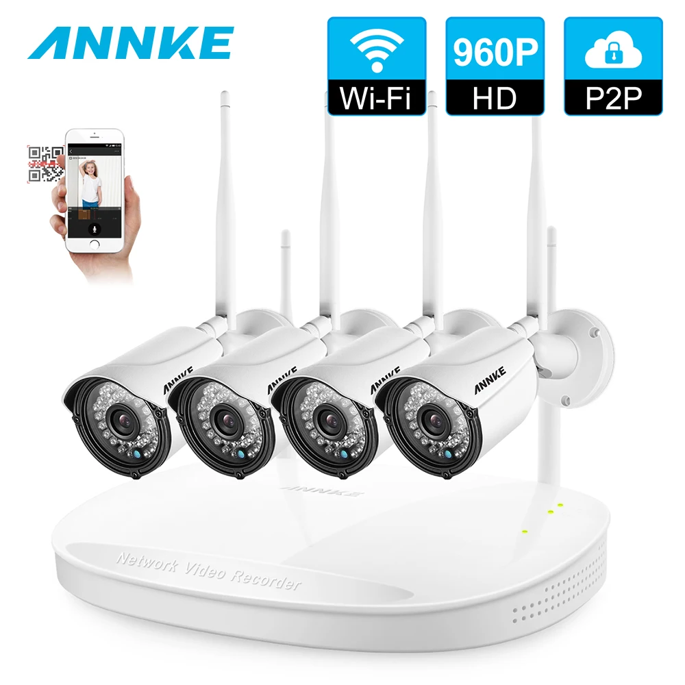 

ANNKE 4CH CCTV System Wireless 1080P NVR 4PCS 960P Outdoor Smart IR CUT P2P Wifi IP CCTV Security Cam System Surveillance Kit