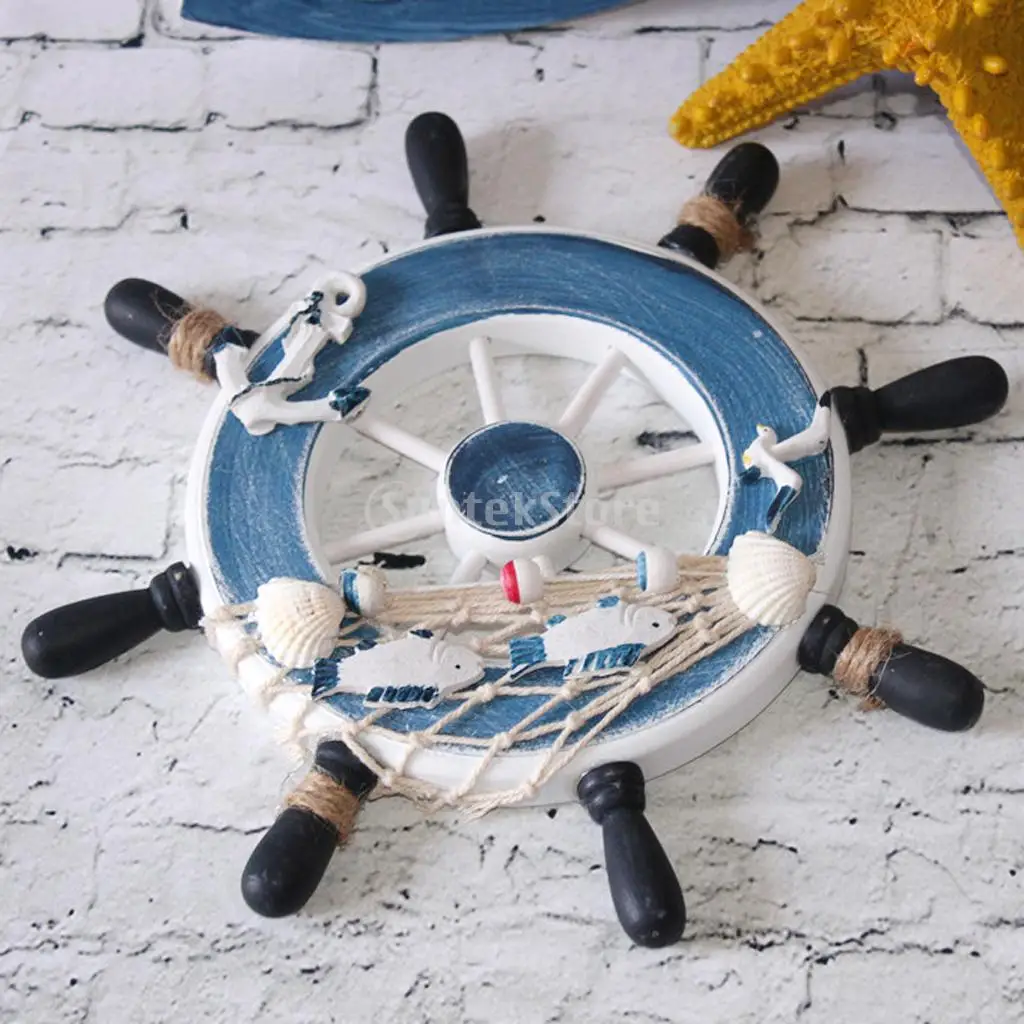 Por Ship Steering Wheel Decor 9 Beach Wooden Boat Ship Steering Wheel Fishing Net Home Wall Decor 2