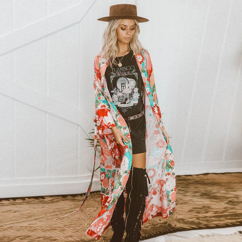 2019 New Women Chiffon Kimono Cardigan Floral Printed Long Sleeve Belt Casual Loose Long Outerwear Cover Up Beachwear Plus Size