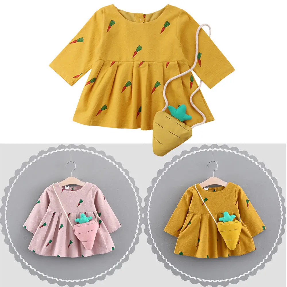 Toddler Baby Girls Carrot Print Long Sleeve Princess Swing Dresses+Mini