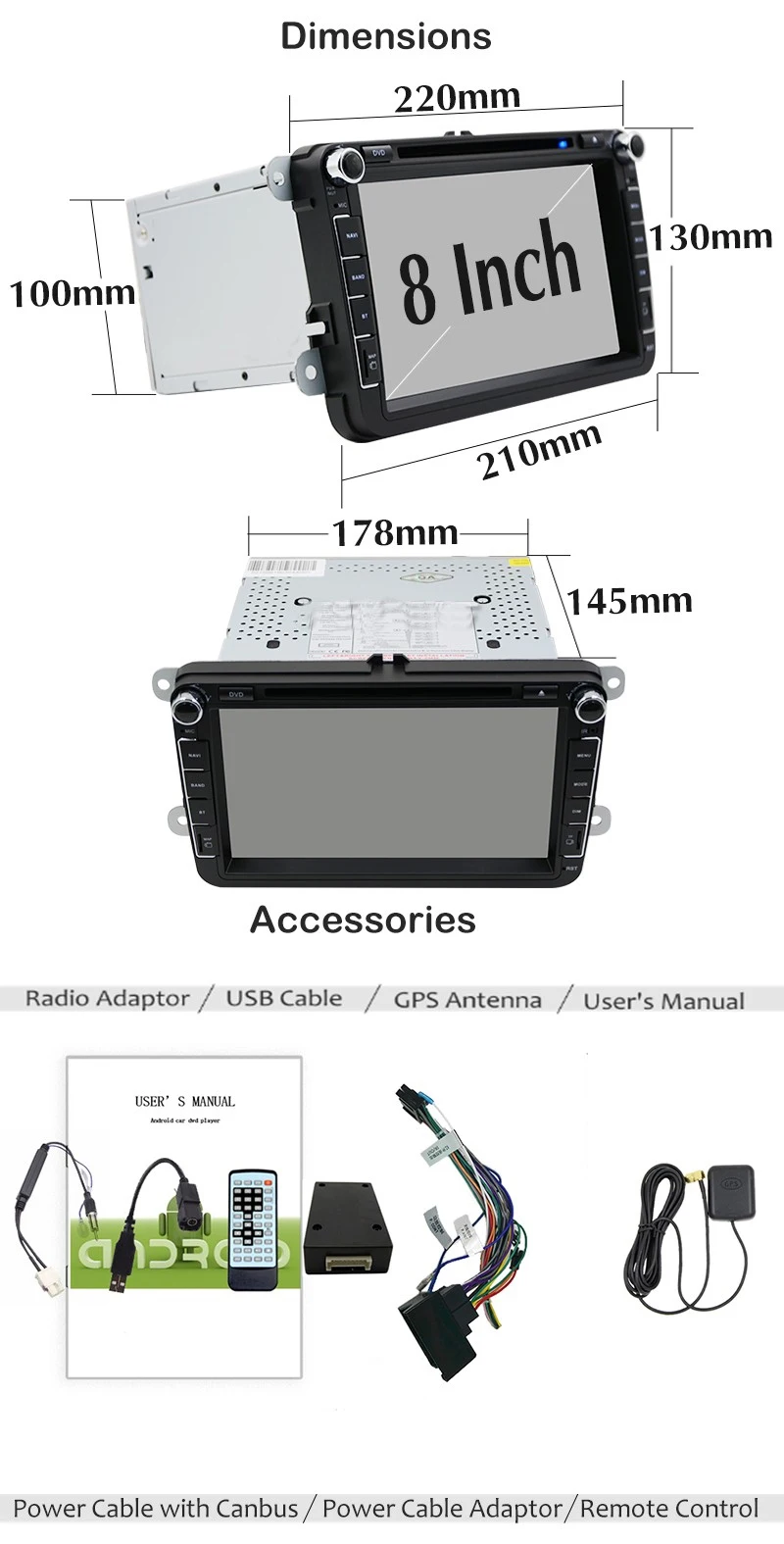 Best VW 2din 8" Quad-Core 1+16G Android 8.1 Car Radio DVD Player with Touch Screen  Wifi BT HD 1024*600 MirrorLink for VW 8