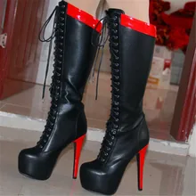 GOOFLORON/Новинка женские ботинки модные сапоги до колена черного и красного цвета женские ботинки на высоком каблуке