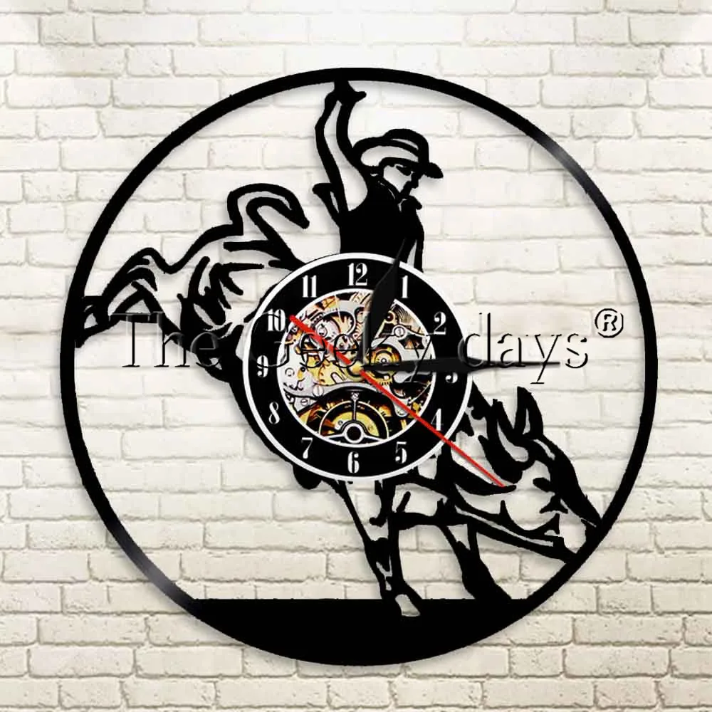 

1Piece Bull Rider Cowboy Horse Scenic Art Vinyl Record Clock Bullfighter Luminous Wall Clock Saddling Up Modern Wall Art
