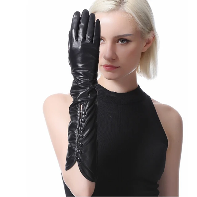 Women Winter Long Leather Gloves Windproof Mittens Fashion Genuine