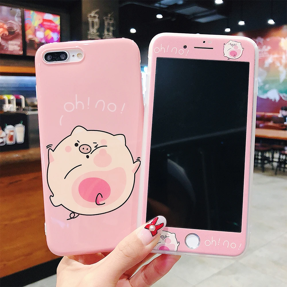 Ascromy For iPhone XS Max Case Pink Cartoon Pig Tempered Glass Silicone TPU Back Cover For iPhone XR X 7 8 Plus 6 6S Accessories (8)