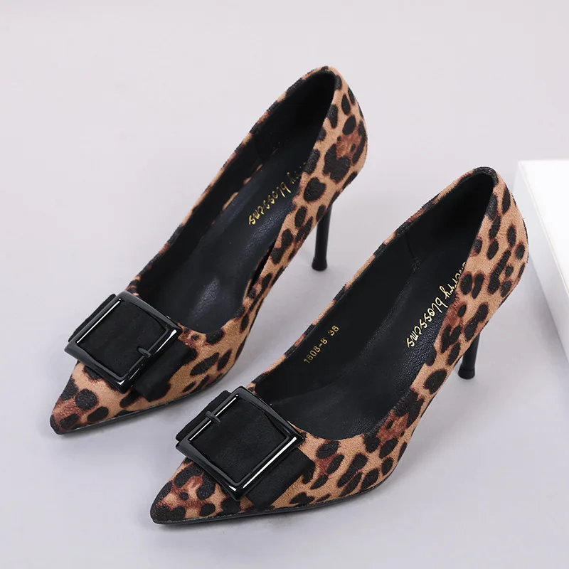 

2019 spring Europe and America sexy shallow mouth single shoes square button suede pointed fine with leopard high heels women