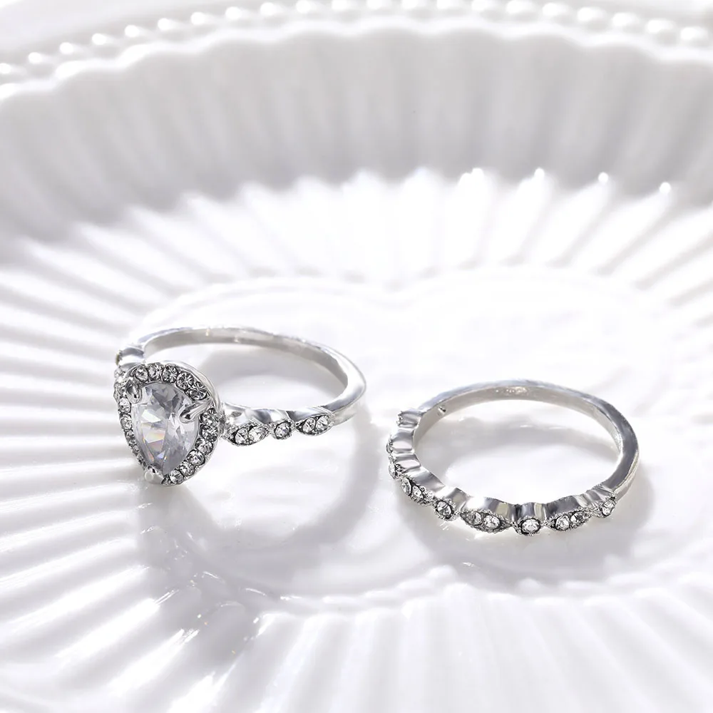 FAMSHIN, модное обручальное женское циркониевое кольцо в форме сердца для женщин, женский набор двойных колец, бижутерия для девушек, любовников, свадебные ювелирные изделия, вечерние