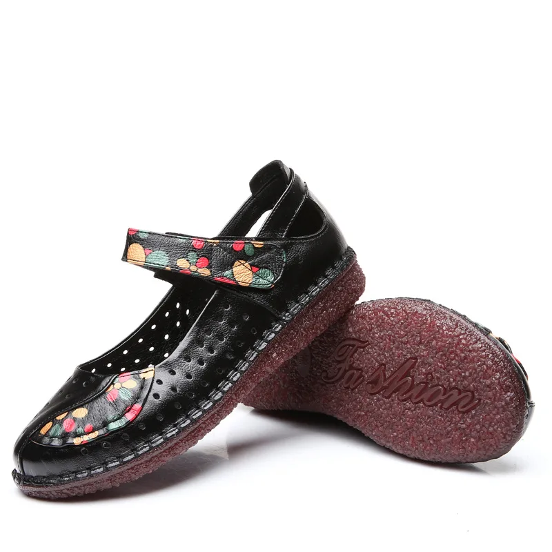 OUKAHUI Vintage Style Floral Genuine Leather Summer Flat Sandals For Women Shoes Low Heel Hollow Breathable Soft Sandals Woman