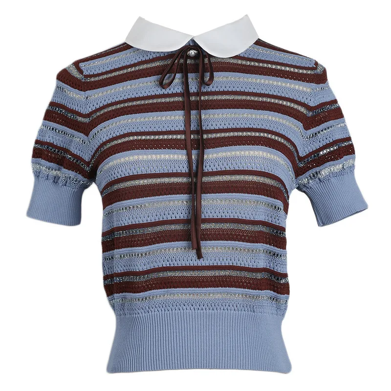 GRUIICEEN 2019 spring summer short sleeve slim sweater striped pattern knitted pullovers top with bow tie GY2018752 | Женская одежда