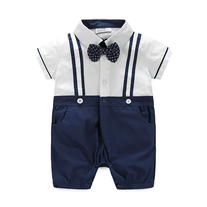 Summer New Baby Rompers Baby Boy Gentleman Short sleeve Romper with Bow Tie Infant Wedding Party