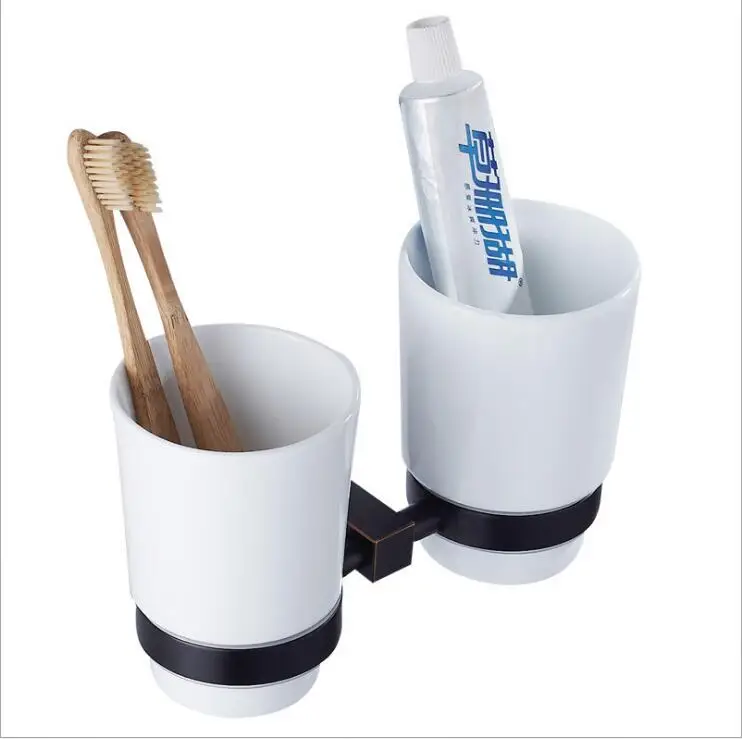 Black bathroom hardware pendant copper material black bronze rinse cup ceramic cup holder double holder 9037K