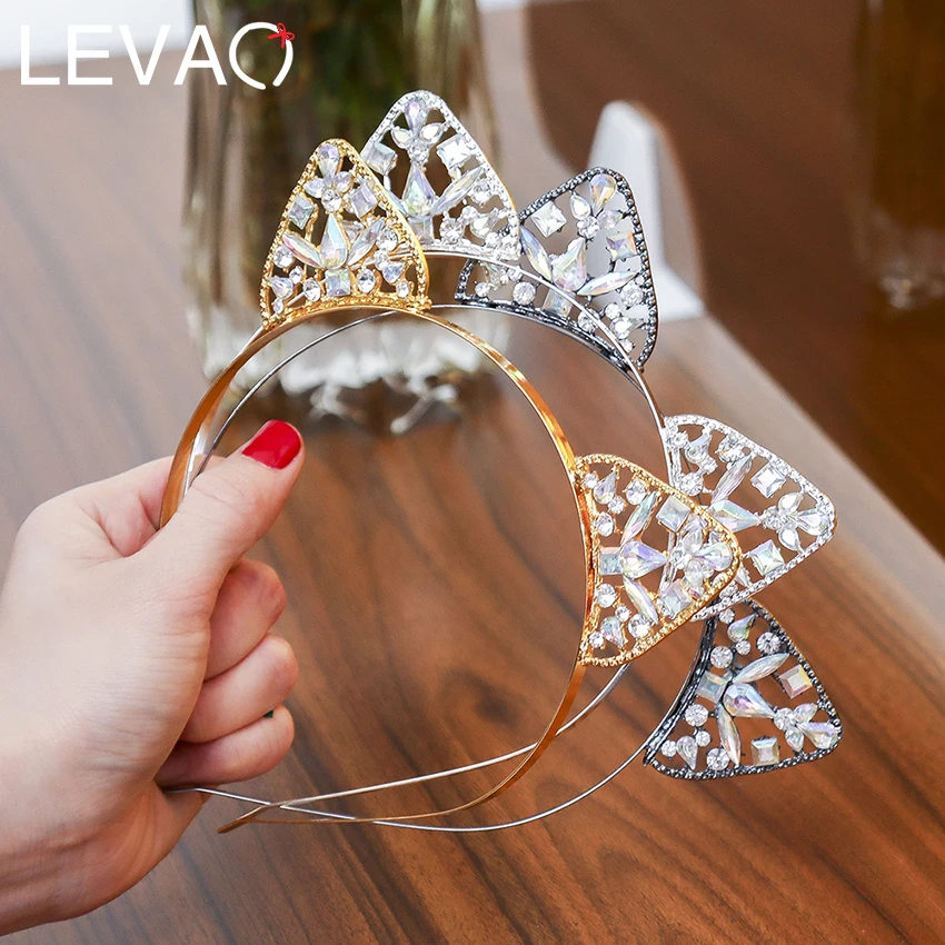 

Levao Women Cute Cat Ear Hairbands Rhinestone Cat's Ear Hair Hoop Headband Metal Hollow Bezel Headband Hair Accessories
