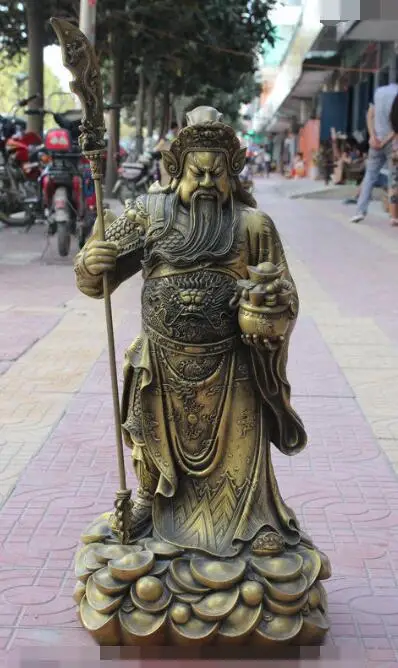 

S03902 28 Chinese Pure Bronze Wealth Guan Gong GuanYu God Dragon Warrior YuanBao Statue B0403