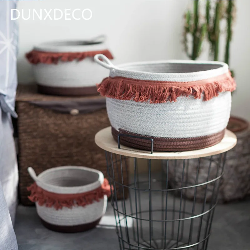 

DUNXDECO Home Office Storage Cotton Thread Basket Modern Nordic Simple Red Tassel Bucket Toys Cloth Holder Bathroom Container