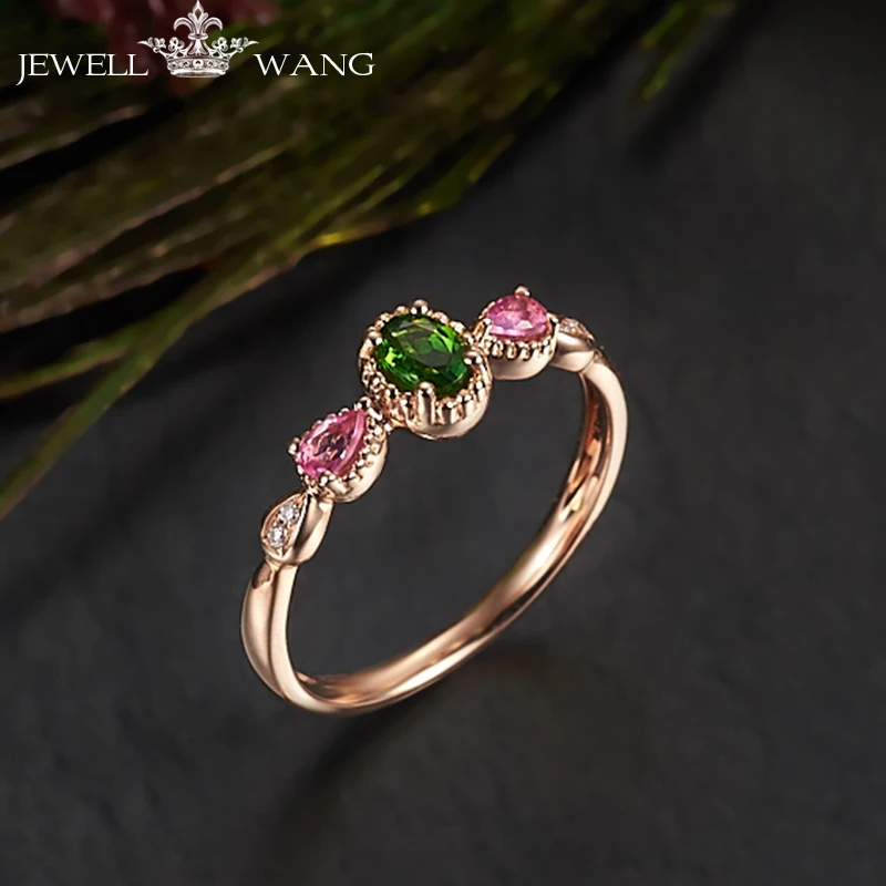 

JEWELLWANG Natural Diopsid Rubilite Rings for Women Genuine 18K Rose Gold Ring Fine Jewelry Luxury Gemstone Rose Gold Rings Gift