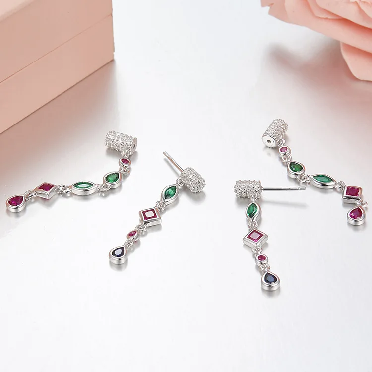 

925 sterling silver green/white/blue/red dangle earrings rose/white gold-color asymmetric Party jewelry for women