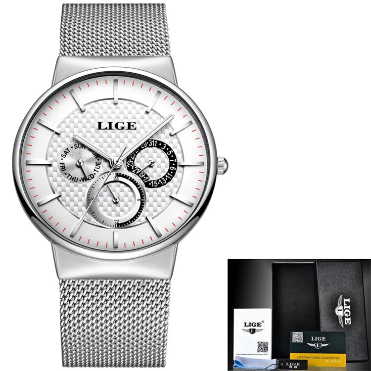 LIGE мужские спортивные кварцевые часы с имитацией даты Мужские часы из нержавеющей стали водонепроницаемые мужские часы Relogio+ коробка - Цвет: silver white