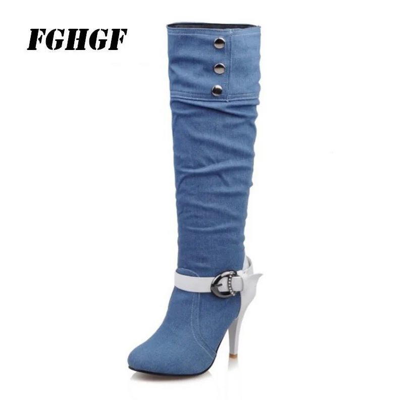 

Jean cloth spells color big size female boot autumn winter new high heel fine tall boots Fashionable and casual girl boots