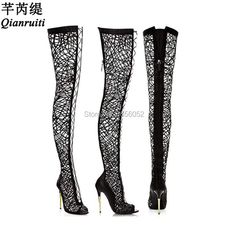 

Qianruiti Spring Summer Ladies Fetish Shoes Open Toe Sexy High Heels Gladiator Sandal Booties Cut Outs Lace Up Thigh High Boots