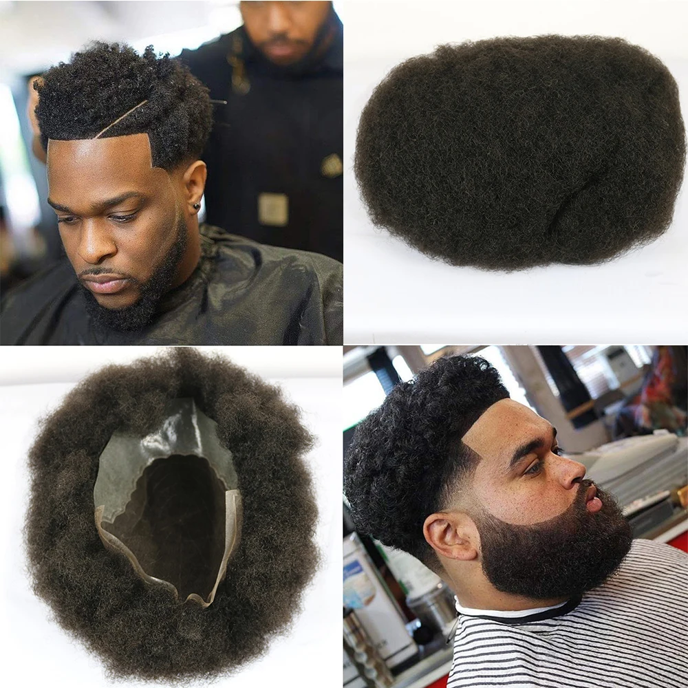 SimBeauty афро зажим для парика с 100% человеческих волос для мужчин 10x8 дюймов французская кружевная основа с ПУ вокруг афро парик мужской цвет # 1B
