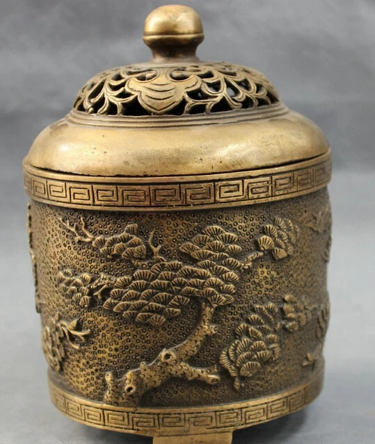 

JP S0608 7" Tibet Bronze FengShui Wealth Pine Tree Statue Buddhism Incense Burner Censer B0403