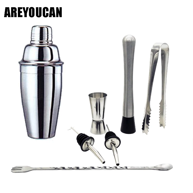 comprar 7 AREYOUCAN pc 750 550 ml de Aço Inoxidável Coqueteleira Conjunto Coador de Gelo Clipe Colher de Mistura Copo Medida Bar ferramentas Conjunto Cocktail