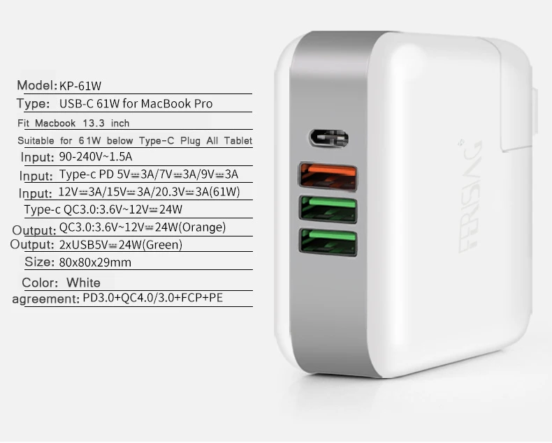 FERISING 60 Вт usb type-C настенное PD зарядное устройство QC3.0 адаптер питания для Apple MacBook/iPhone XS XR/Xiaomi USB-C зарядное устройство