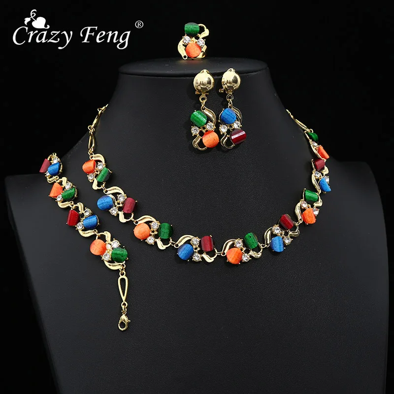 

Crazy Feng Wedding Jewelry Sets For Women Luxury Oil Paiting Round Pendant Necklaces Earrings Bracelets Set Accessories