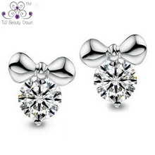 Настоящее серебро 925 AAA австрийский хрусталь CZ Прекрасный Бант Серьги гвоздики для женщин молодых девушек свадьбы и Помолвки ювелирные изделия