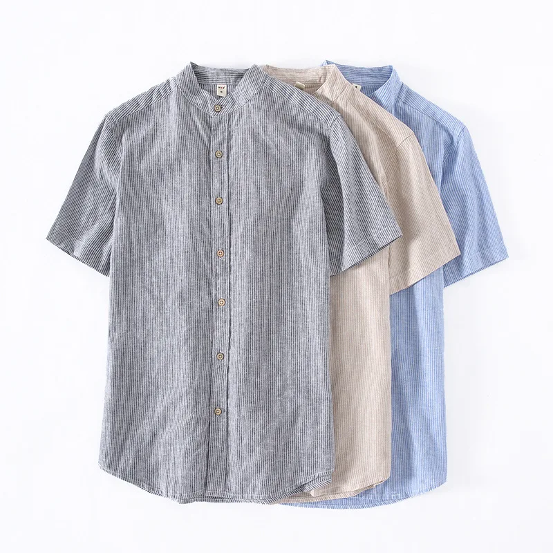 

Vintage Style Men Short Sleeve Striped Shirts Cool Linen Mandarin Collar Slim Fit Tops Wood Button Cozy Summer Beach Hemp Shirt