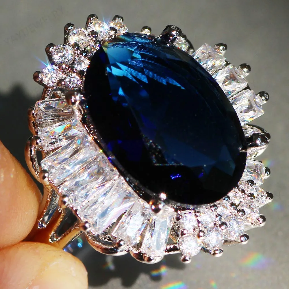 Gemstone Ring 12*16mm Sapphire Zircon Silver Color Engagement Wedding Valentine's Day Girls