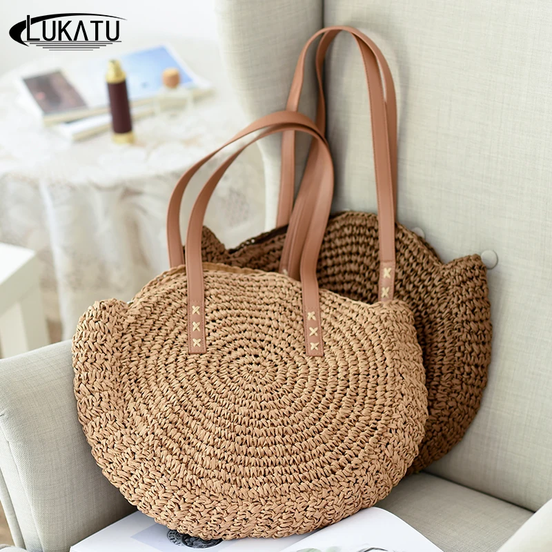 LUKATU Round Straw Beach Bag Vintage Handmade Woven Shoulder Bag Raffia ...