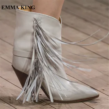 

New Brand Design Tassel Studded Ankle Boots Mujer Fashion Catwalk Boots Women Runway Slip On Spike Heels Pointed Toe Shoes Women