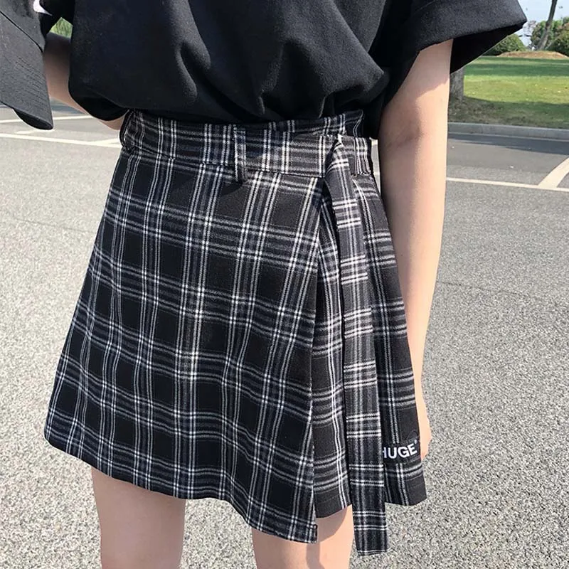 Новый 2019 повседневное мода плед ретро ассиметричный, с высокой талией колледж Ветер сладкий Контраст Цвет для женщин мини юбка SK327